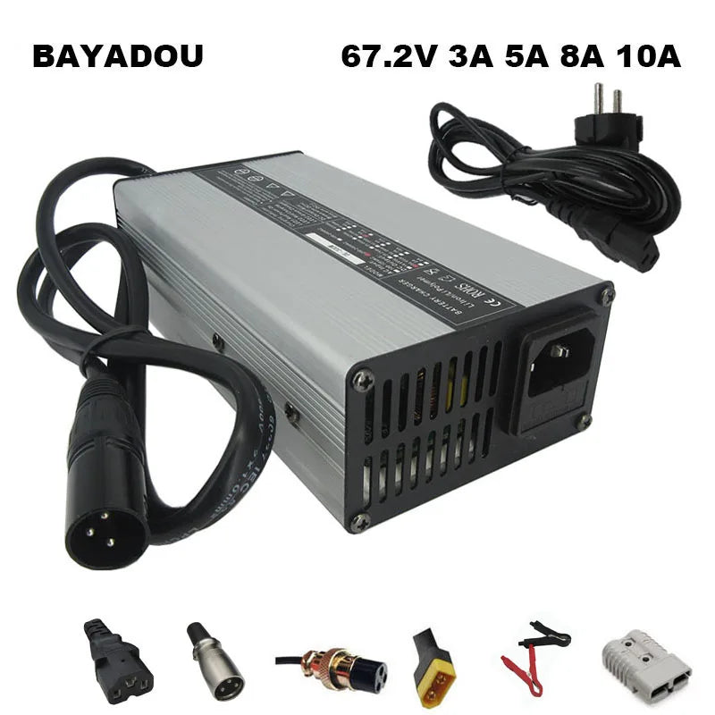 A silver and black Bayadou power supply unit with multiple attached cables and connector adapters, shown on a plain white background with the brand name and voltage/amp specifications printed at the top.