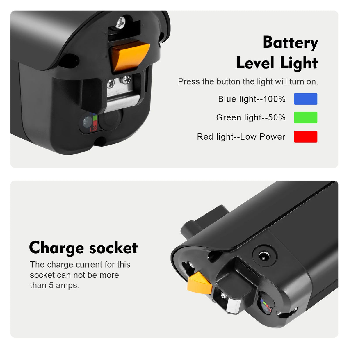Technical product infographic showing a black rechargeable battery pack with an orange button and a small multicolor LED light, with text explaining how the battery level light works and charging socket specs.