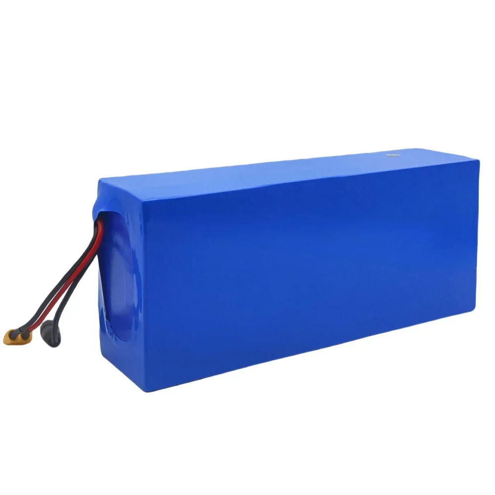 A rectangular blue lithium-ion battery pack with attached red, black, and gold wires, shown on a plain white background.