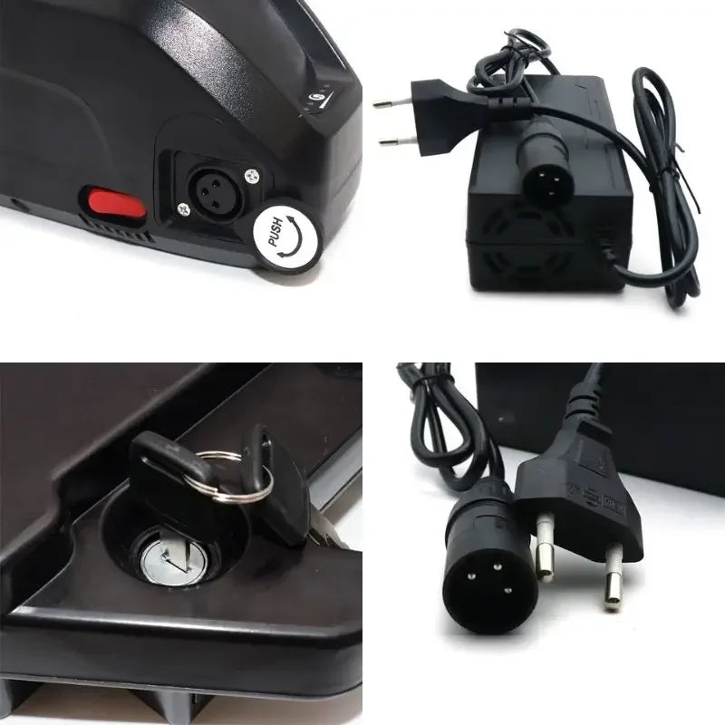 Collage of a power adapter with plug, socket, and cable on a white background