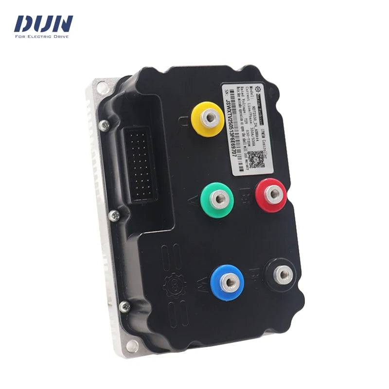 A black industrial electronic control module with four colored terminal connectors (yellow, green, red, blue) and a white label, shown on a white background with a DUN brand logo in the top left corner.