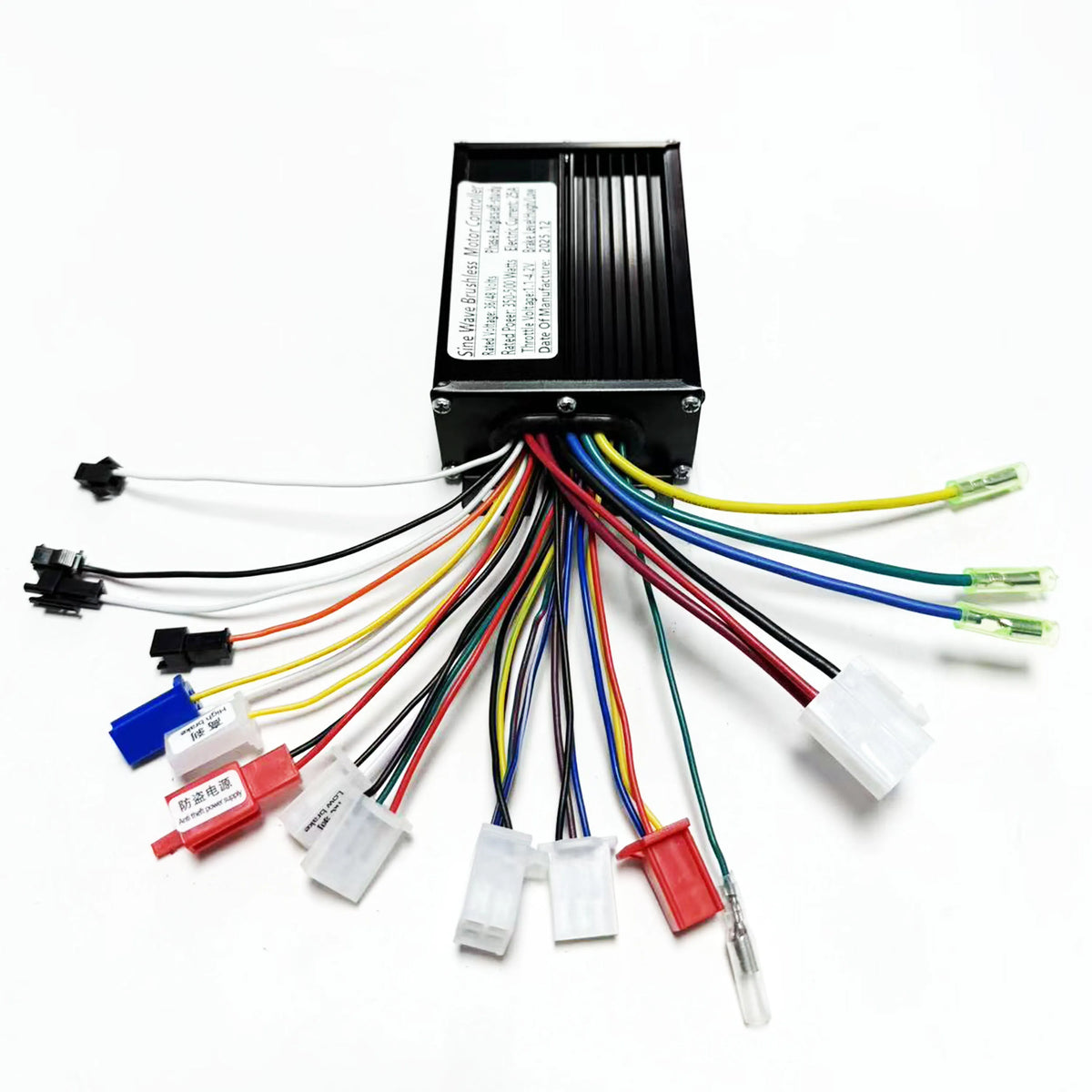 A black rectangular electronic control module with multiple multicolored wiring harness cables and connectors, photographed on a plain white background.