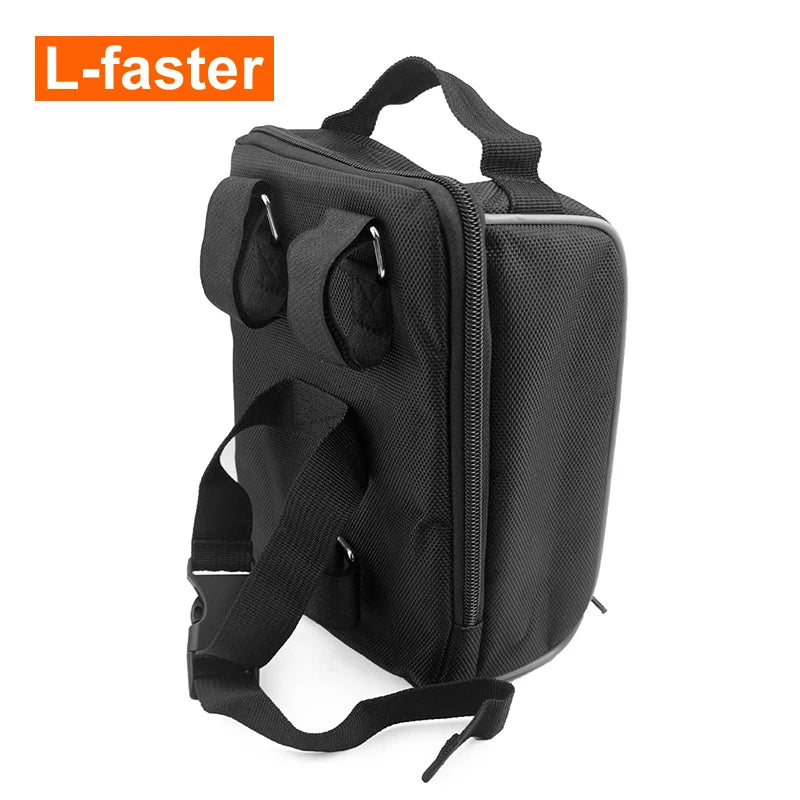 A black textured fabric bike saddle bag with dual top handles, a front zipper pocket, and an adjustable shoulder strap, shown on a white background with an 'L-faster' logo in the top-left corner.