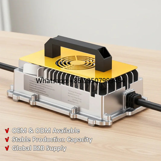 A silver and yellow industrial electronic component with a black handle on top, shown on a light wood surface with a white background. Red promotional text overlays mention OEM & ODM availability and stable production capacity.