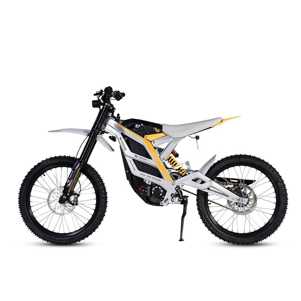 White electric bike with black and yellow accents on a white background