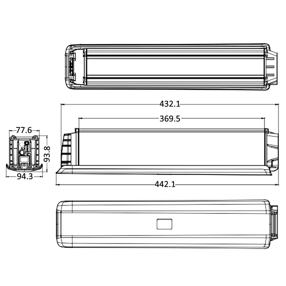 Black and white technical line drawing showing three views of a rectangular product with dimension labels and measurements.