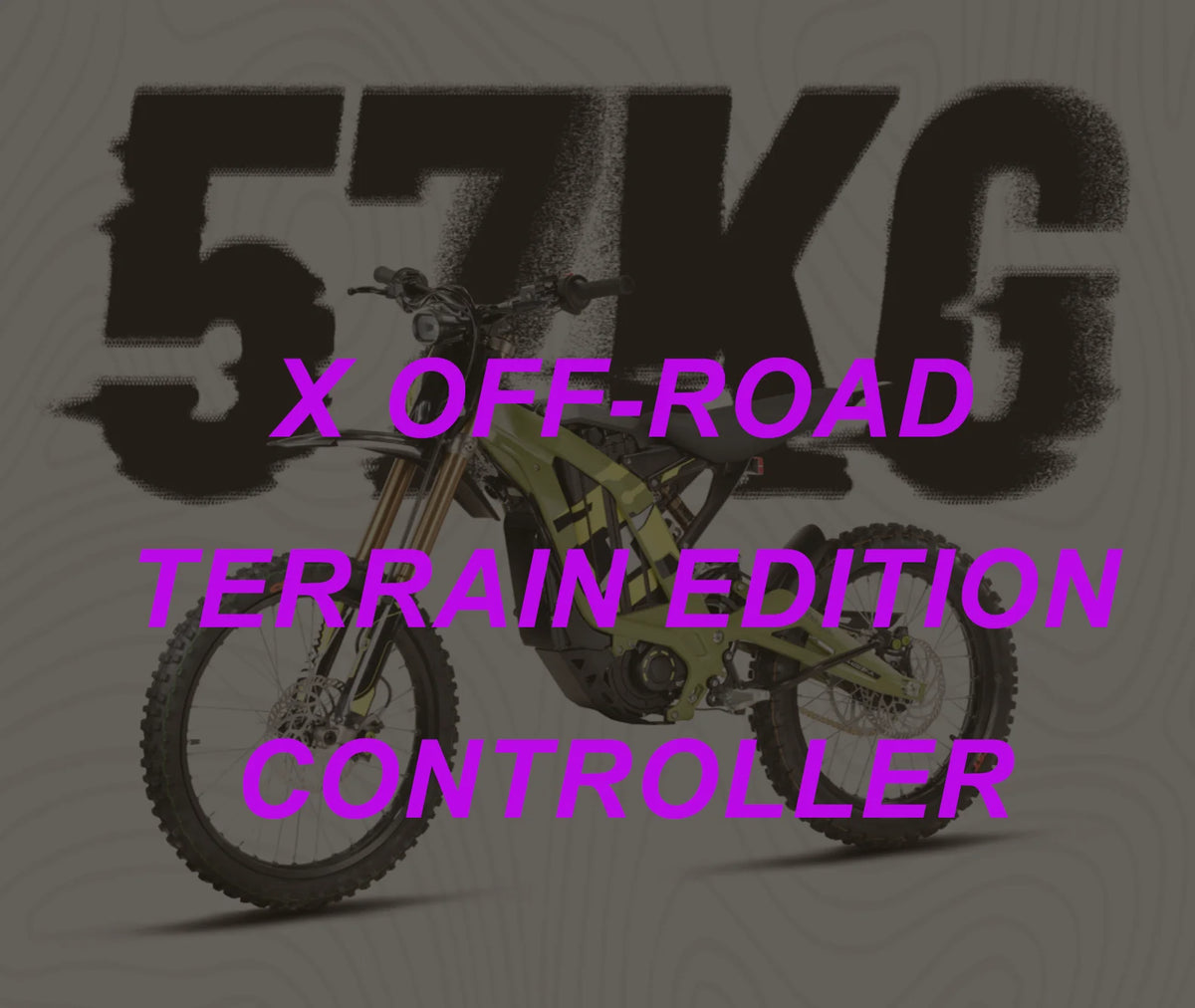 A promotional graphic for the X Off-Road Terrain Edition Controller, featuring a green and black electric dirt bike with large purple text overlay and a dark gray background with a faint '57KG' graphic.