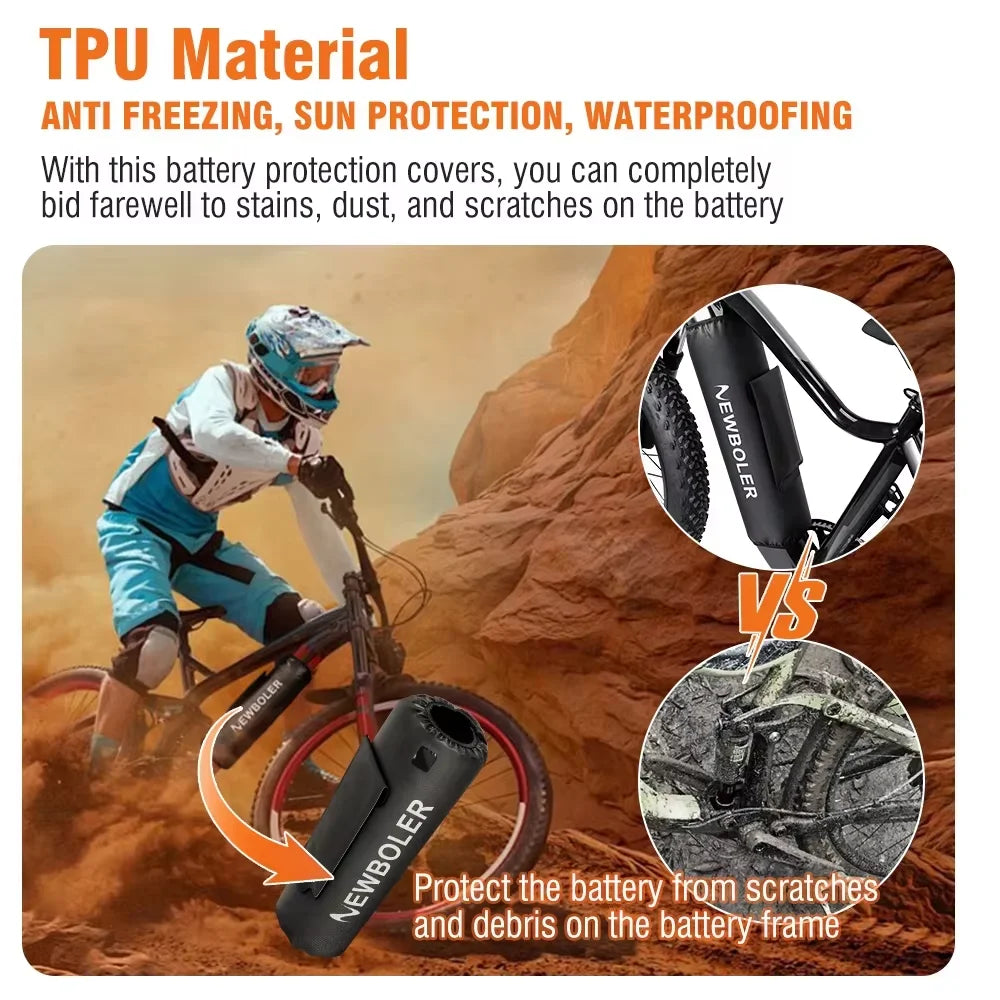 A promotional graphic for a black NEWBOLER mountain bike battery cover. The image features a mountain biker in a desert setting, with the battery cover shown attached to the bike frame.