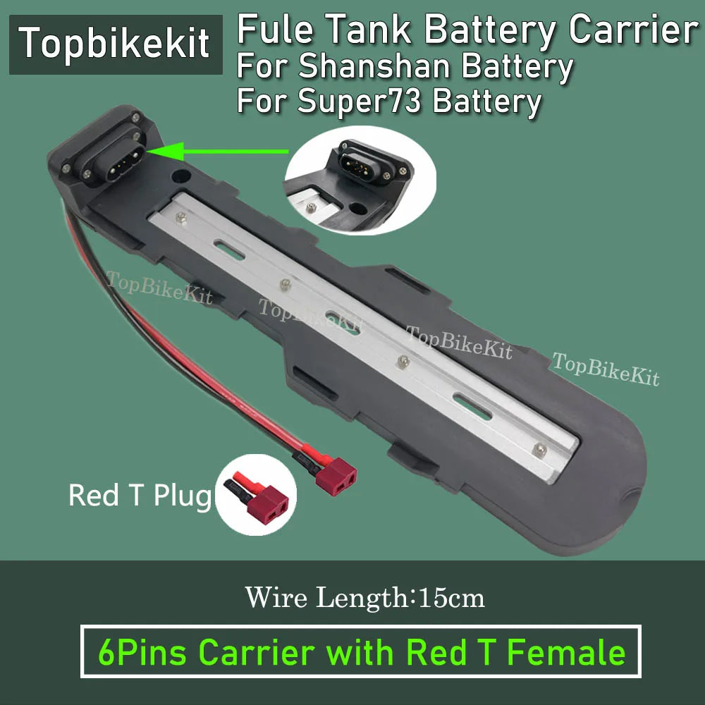 A 6-pin battery carrier adapter for Shanshan Super 73 batteries by Topbikekit, featuring a black plastic housing, a silver metal rail, and a red T-plug connector, shown on a green background with product details and text overlays.