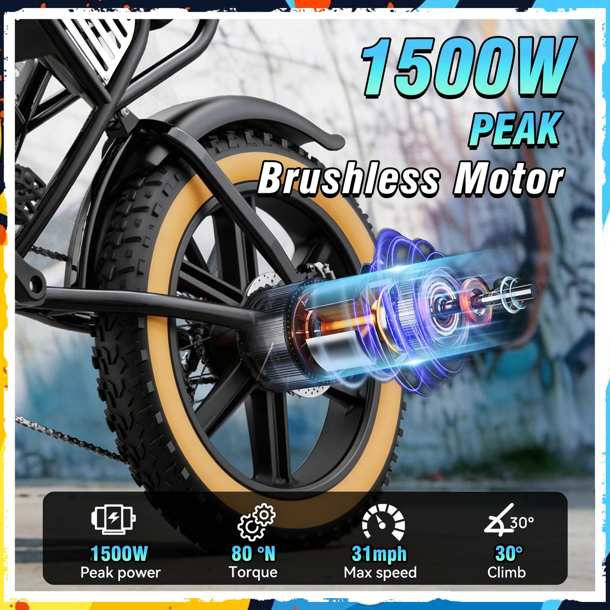 Close-up of a bicycle wheel and rear suspension with a glowing blue brushless motor graphic overlaid, plus large text reading '1500W PEAK Brushless Motor' and feature icons for 1500W peak power, 80 Nm torque, 31mph max speed, and 30 degree climb.