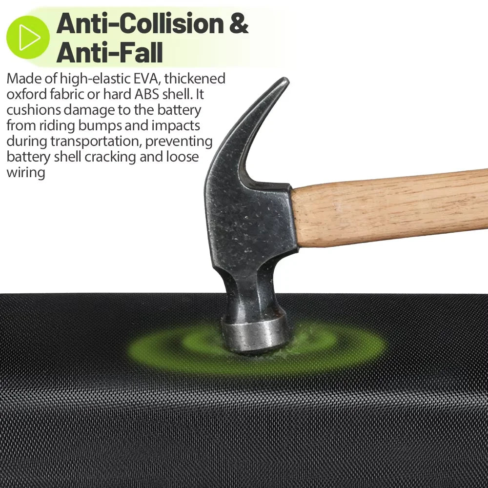 A close-up of a hammer striking a black textured protective pad, with green circular impact effects and text reading 'Anti-Collision & Anti-Fall' on a white background.