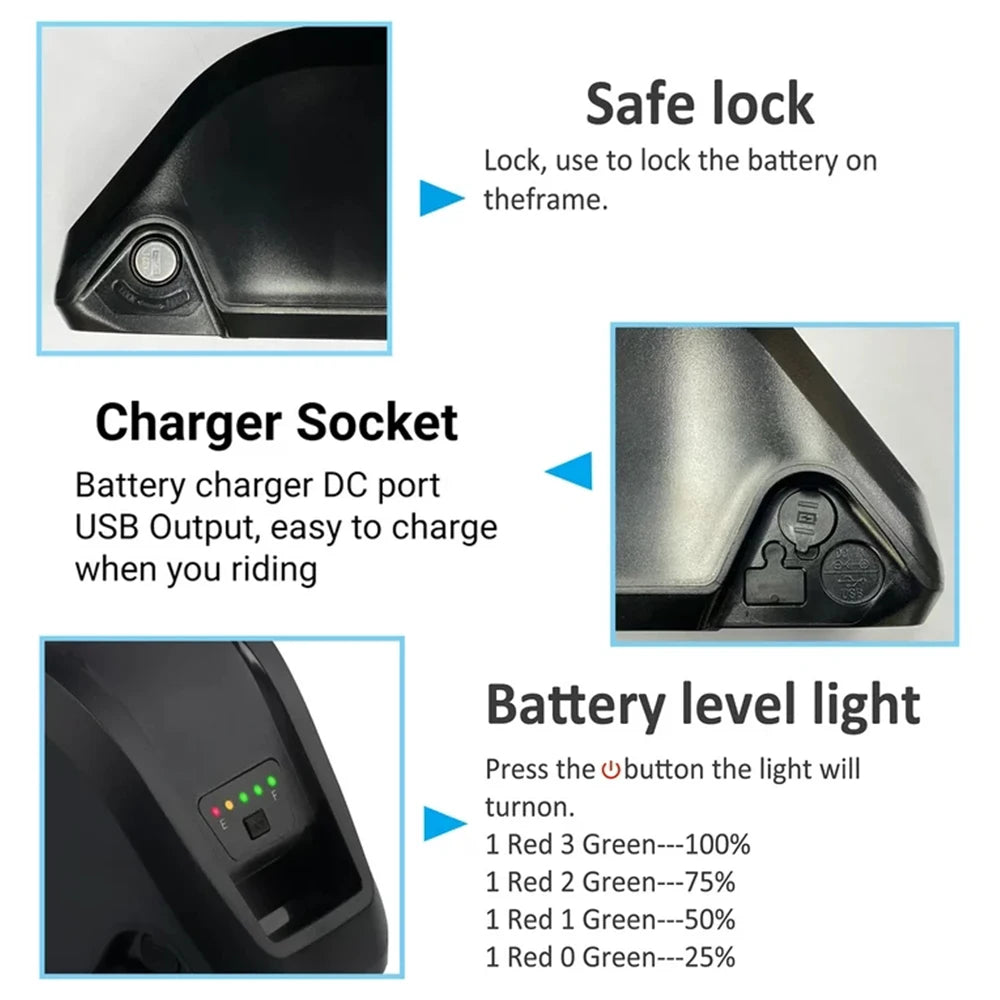 Diagram of a battery pack with safe lock, charger socket, and battery level light indicators.