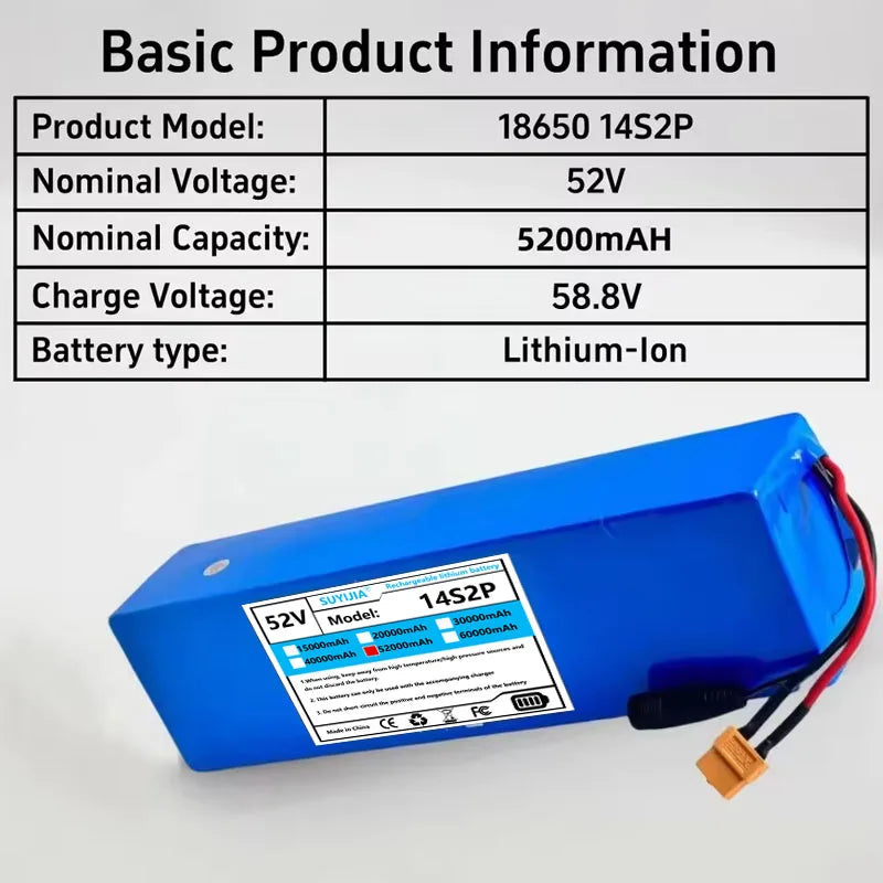A blue rectangular lithium-ion battery shown on a light gray background with a product information table above it. The table lists the product model as 18650 14S2P, nominal voltage as 52V, nominal capacity as 5200mAh, charge voltage as 58.