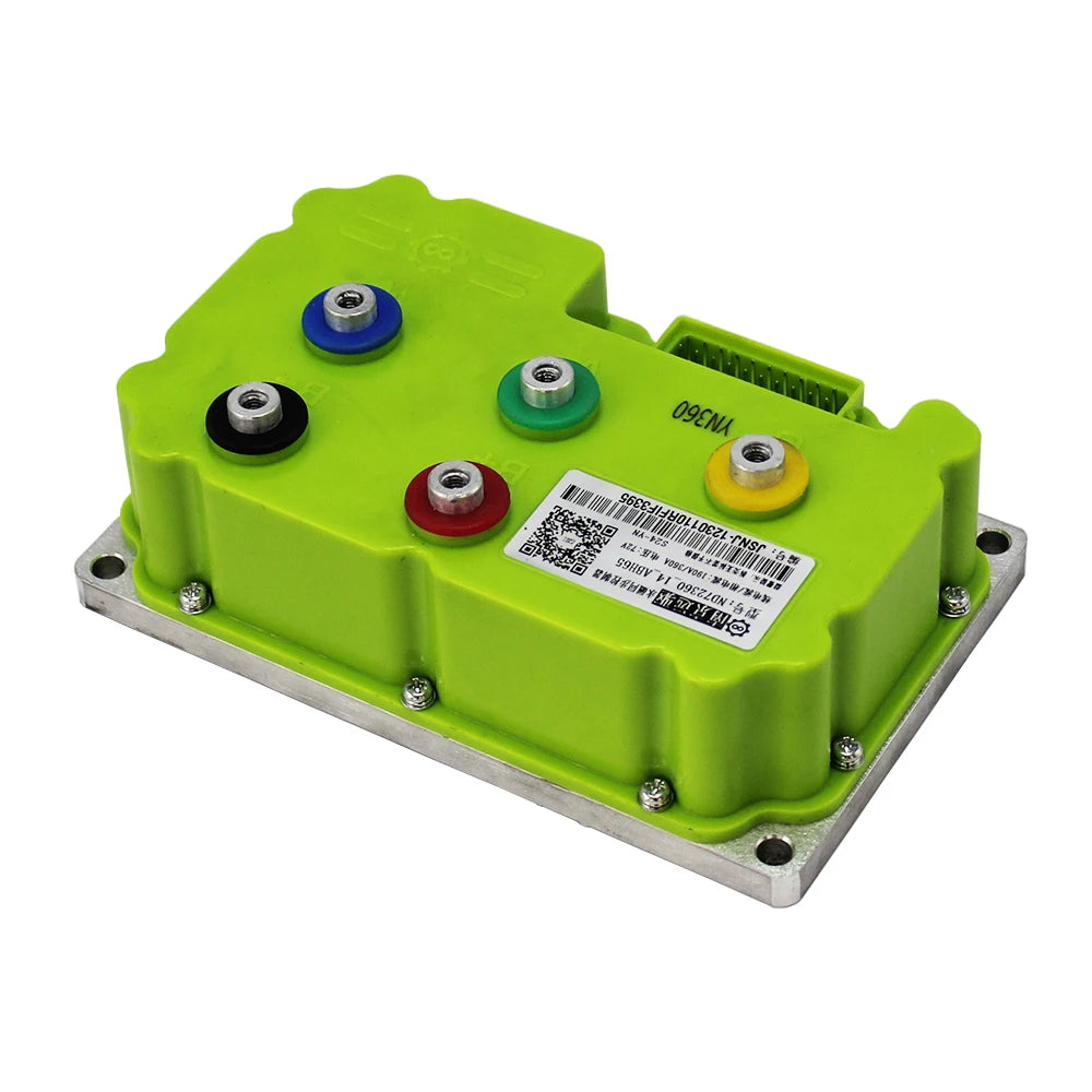 A bright lime green industrial electronic module with a silver metal mounting base, featuring multiple colored terminal connectors and a white barcode label.