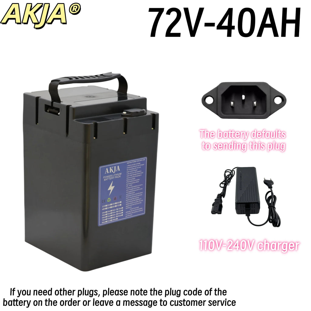AKJA 72V-40Ah lithium-ion battery shown on a white background with a black carrying handle, a plug adapter, and a charger accessory. The image includes text specifying the battery defaults to sending this plug and mentions a 110V-240V charger.