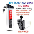 A 48V 15Ah, 17Ah 20Ah and 52V 20Ah e-bike battery shown on a white background with text overlays. The main battery is white with a black top and bottom and a red vertical label with Chinese characters and 'CHETERDOLI LITHIUM BATTERY'.