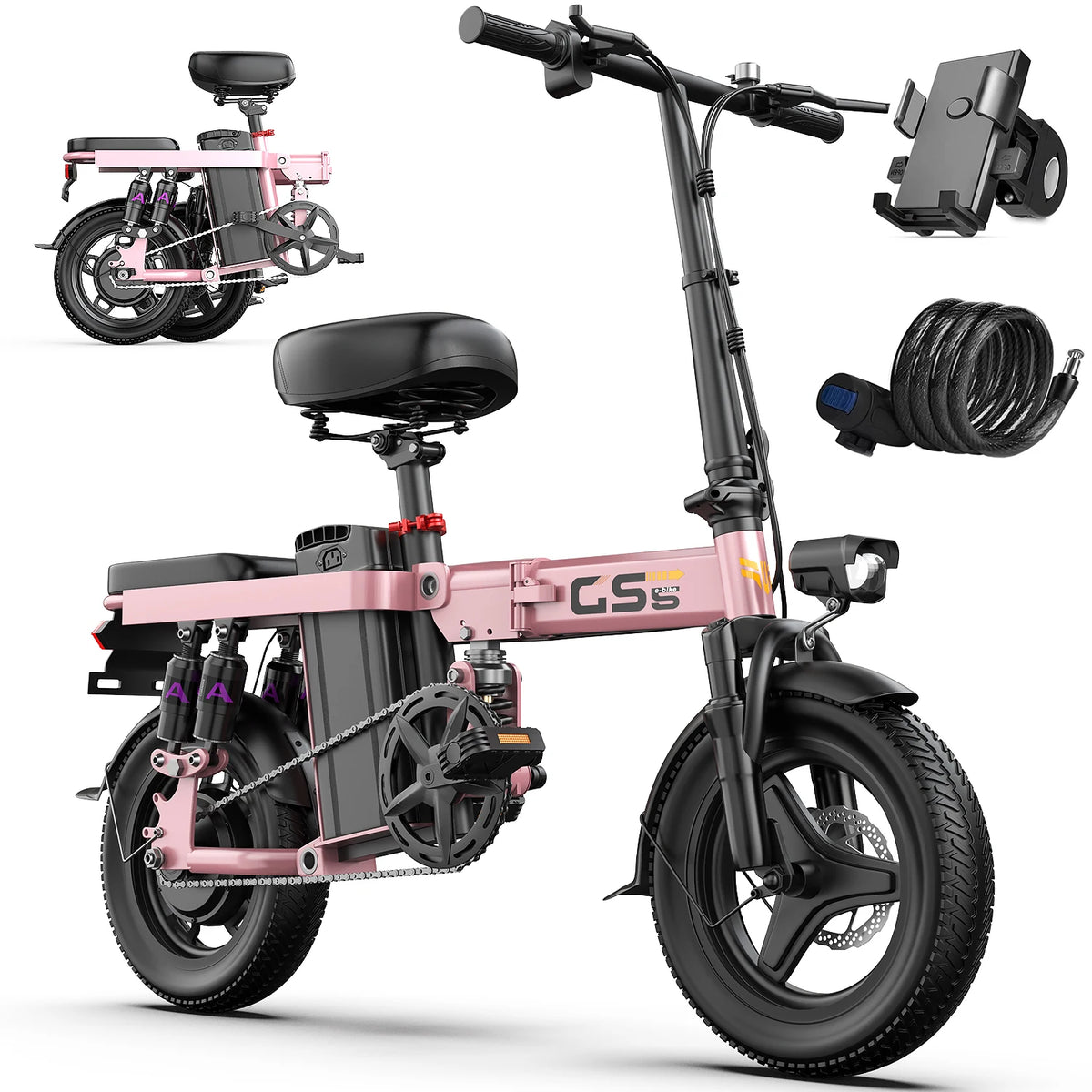 Pink electric bike with accessories on a white background