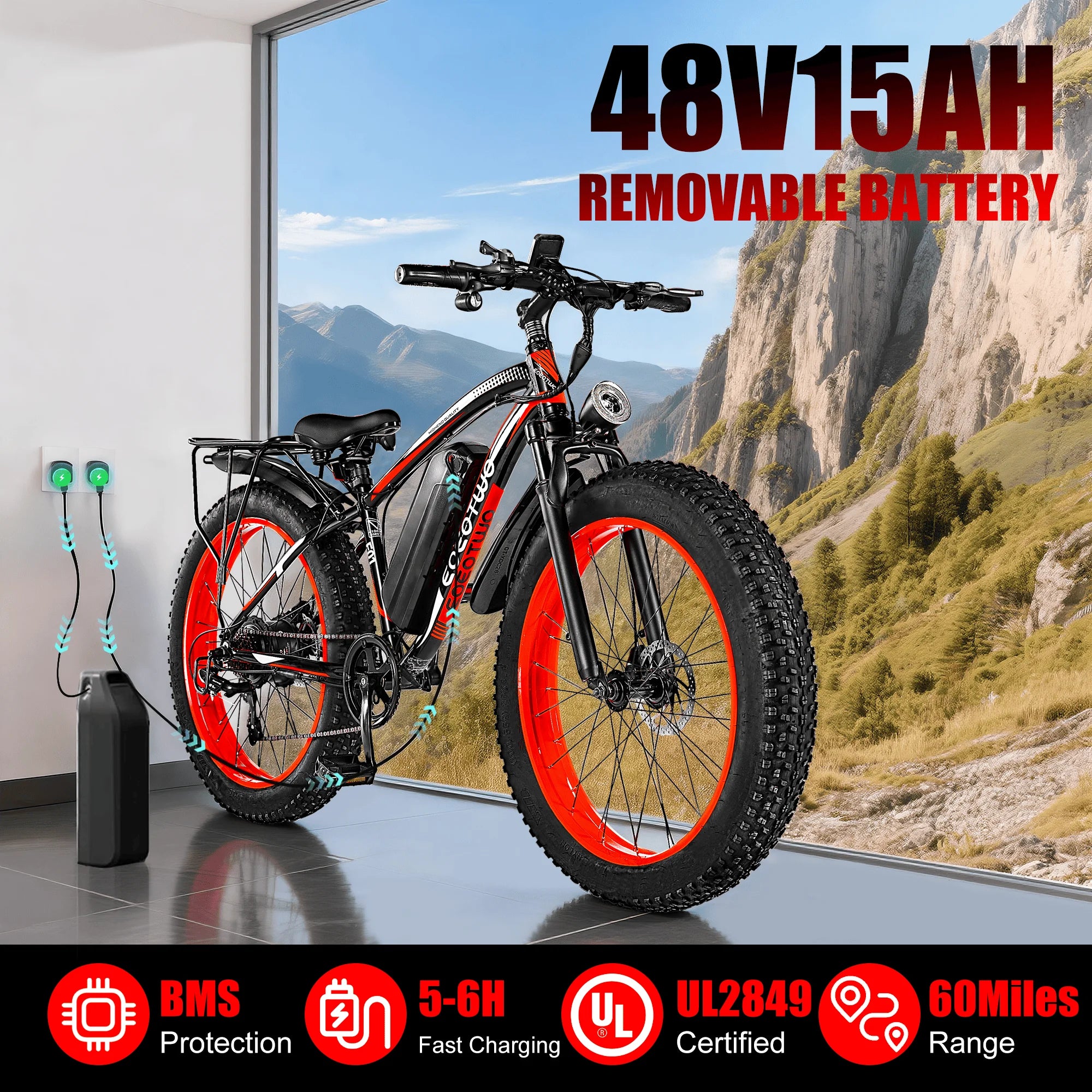 Electric bike with 48V15AH removable battery in a room with a mountain view