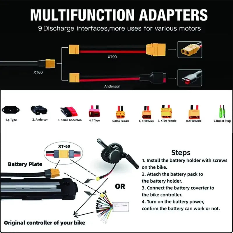Multifunction adapters diagram with discharge interfaces and installation steps for bike batteries.