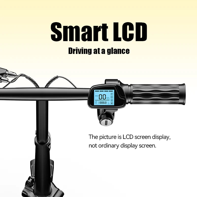 A close-up of a black electric bike handlebar with a mounted smart LCD display screen, shown against a white background with text reading 'Smart LCD' and explanatory copy about the display.