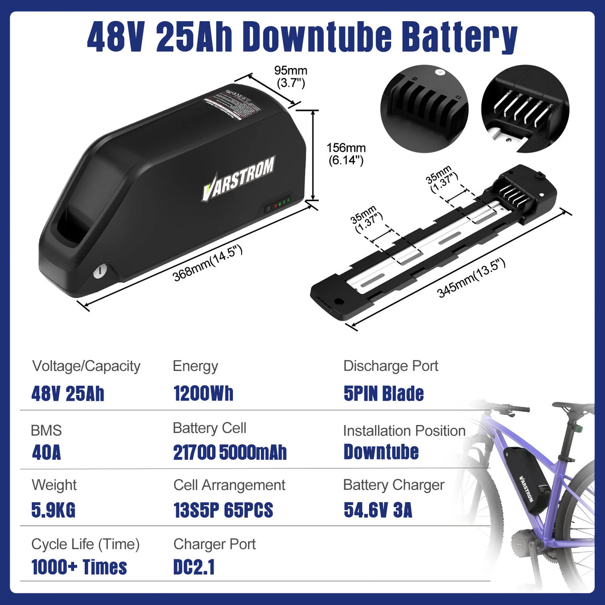 A Varstrom 48V 25Ah downtube bicycle battery shown on a white and blue infographic with dimensions, technical specs, and a small bicycle photo. The battery itself is black with a white Varstrom logo.