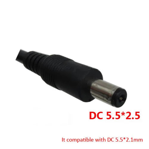 Black DC connector with compatibility text on a white background