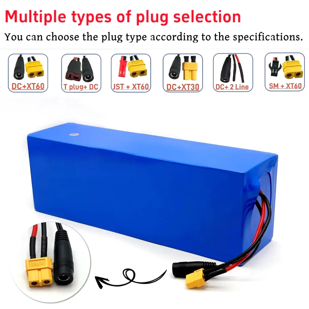 Blue rectangular lithium-ion battery with attached red, black, and yellow XT60 connectors, shown on a white background with text explaining plug type selection and connector examples.