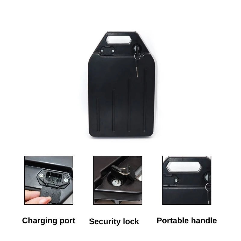 Black portable battery power bank with a built-in handle, shown on a white background with three detail inset images highlighting the charging port, security lock, and portable handle.