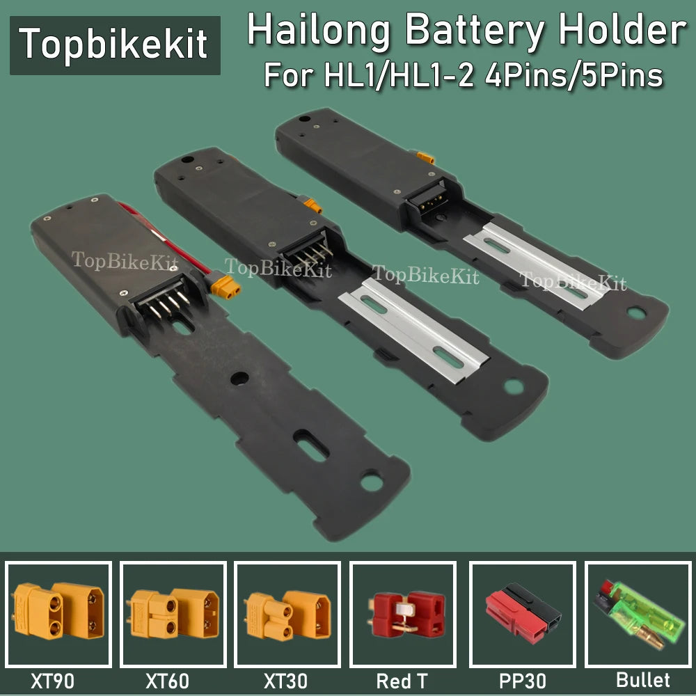 Three black Hailong battery holder clips for HL1/HL1-2 4-pin and 5-pin connectors, shown on a muted green background with connector type icons along the bottom and Topbikekit branding.