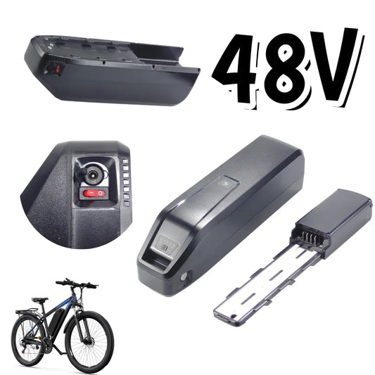 A 48V electric bicycle battery shown in multiple views on a white background, including the main battery body, a close-up of the terminal and switch area, and an inset of a fat-tire electric bicycle. Large black text reads '48V'.
