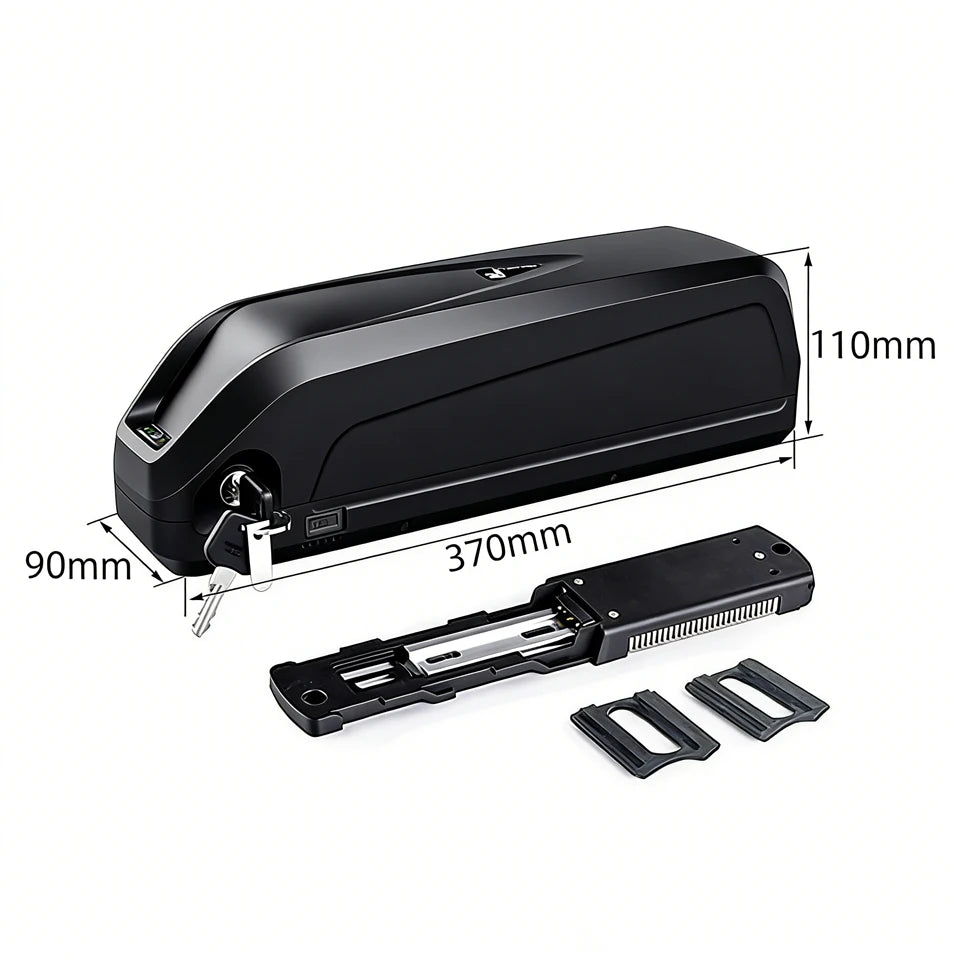 Black bicycle frame clamp accessory set with dimension labels showing 370mm length, 110mm height, and 90mm width, plus two mounting plates on a white background.