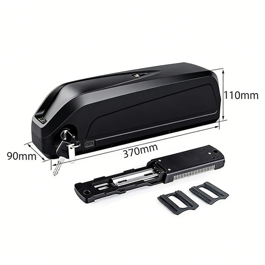 Black bicycle frame clamp accessory set with dimension labels showing 370mm length, 110mm height, and 90mm width, plus two mounting plates on a white background.