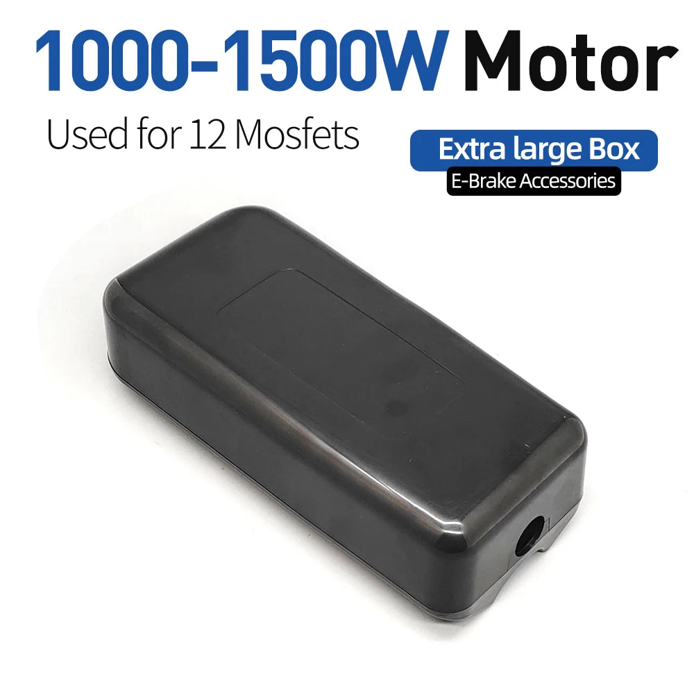 A black rectangular electronic box with rounded corners, shown on a white background with text overlays reading '1000-1500W Motor', 'Used for 12 Mosfets', and 'Extra large Box E-Brake Accessories'.