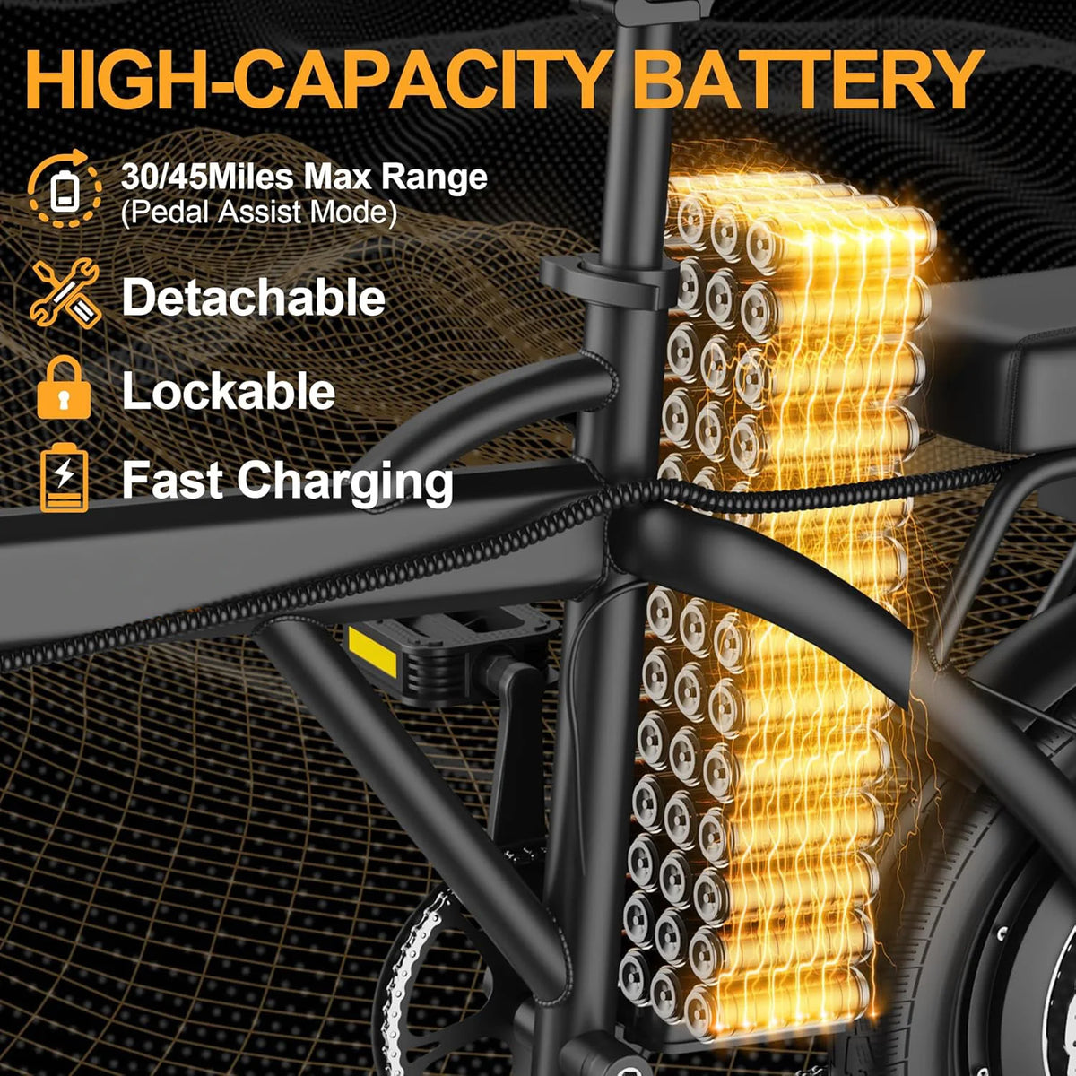 High-capacity battery pack with features listed on a black background