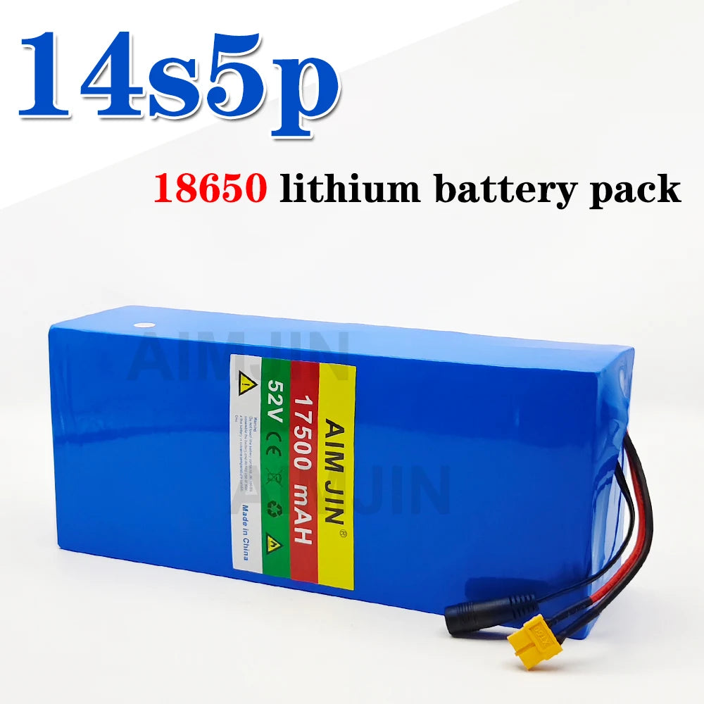 A blue rectangular lithium-ion battery pack with a yellow, green, and white label reading AIM JIN 17500 mAh 32C, shown on a white background with text overlays '14s5p' and '18650 lithium battery pack'.