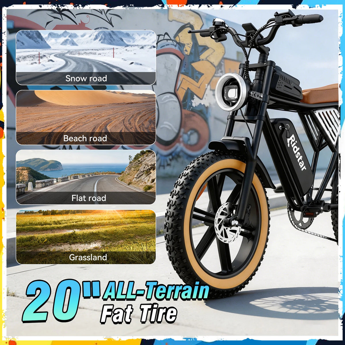 A black electric bicycle with fat tires and tan sidewalls is shown prominently on a stylized graphic background. The image includes four inset road and landscape photos labeled Snow road, Beach road, Flat road, and Grassland, plus large text reading '20" ALL-Terrain Fat Tire.