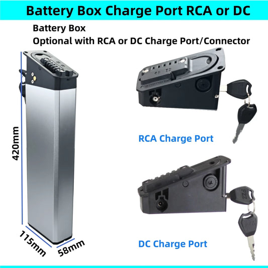 Battery box with a metallic silver body and black end caps, shown alongside two views of a black charging port connector with keys. Text at the top reads 'Battery Box Charge Port RCA or DC' and dimensions are labeled on the battery: 420mm height, 113mm width, and 58mm depth.