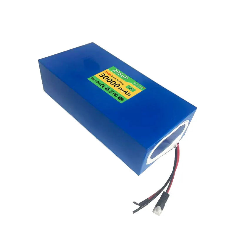 A blue rectangular lithium-ion battery pack with a green and yellow label showing '30000mAh' and '3.7V', featuring two wires with red and black strands and a small connector at the end, set against a plain white background.