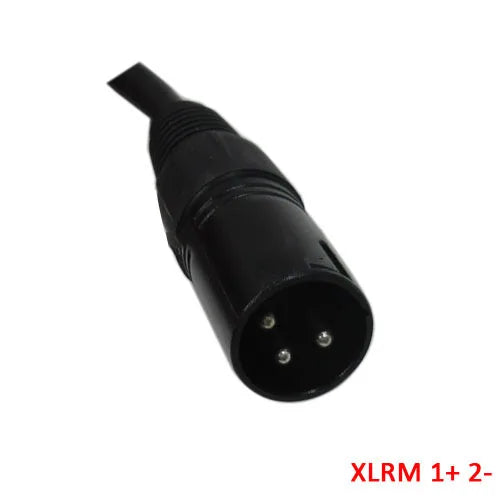 A black 3-pin XLRM connector on a cable, shown against a plain white background with red text in the bottom right corner reading 'XLRM 1+ 2-'.