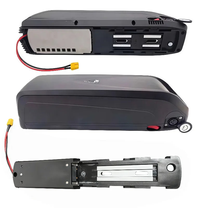 Three views of a black electric scooter battery pack on a white background, showing the top, side, and bottom with attached red and yellow wires.