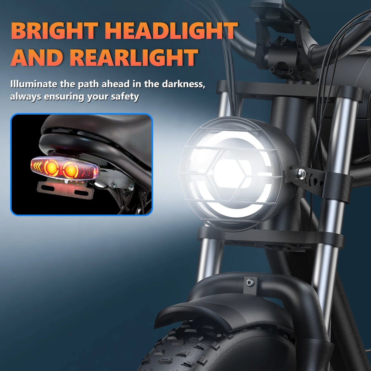 Motorcycle headlight and rearlight with text on a dark background