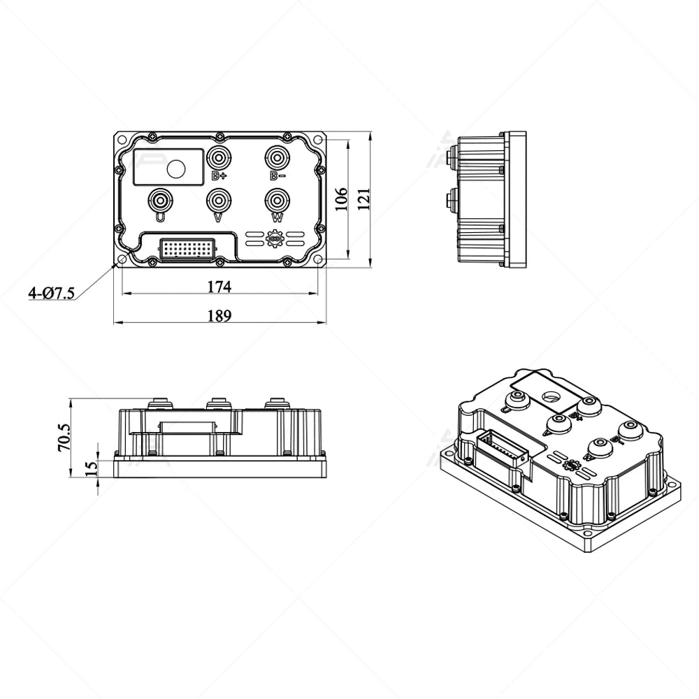 Technical dimension drawing of an industrial electronic module, showing front, side, and top-down views with measurements in millimeters on a white background.