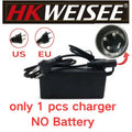 A black HK WEISEE DC charger adapter with a power cord and plug, shown on a white background with US and EU plug icons, a circular connector detail, and red text stating 'only 1 pcs charger NO Battery'.