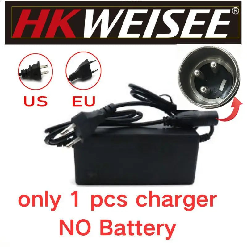 A black HK WEISEE DC charger adapter with a power cord and plug, shown on a white background with US and EU plug icons, a circular connector detail, and red text stating 'only 1 pcs charger NO Battery'.