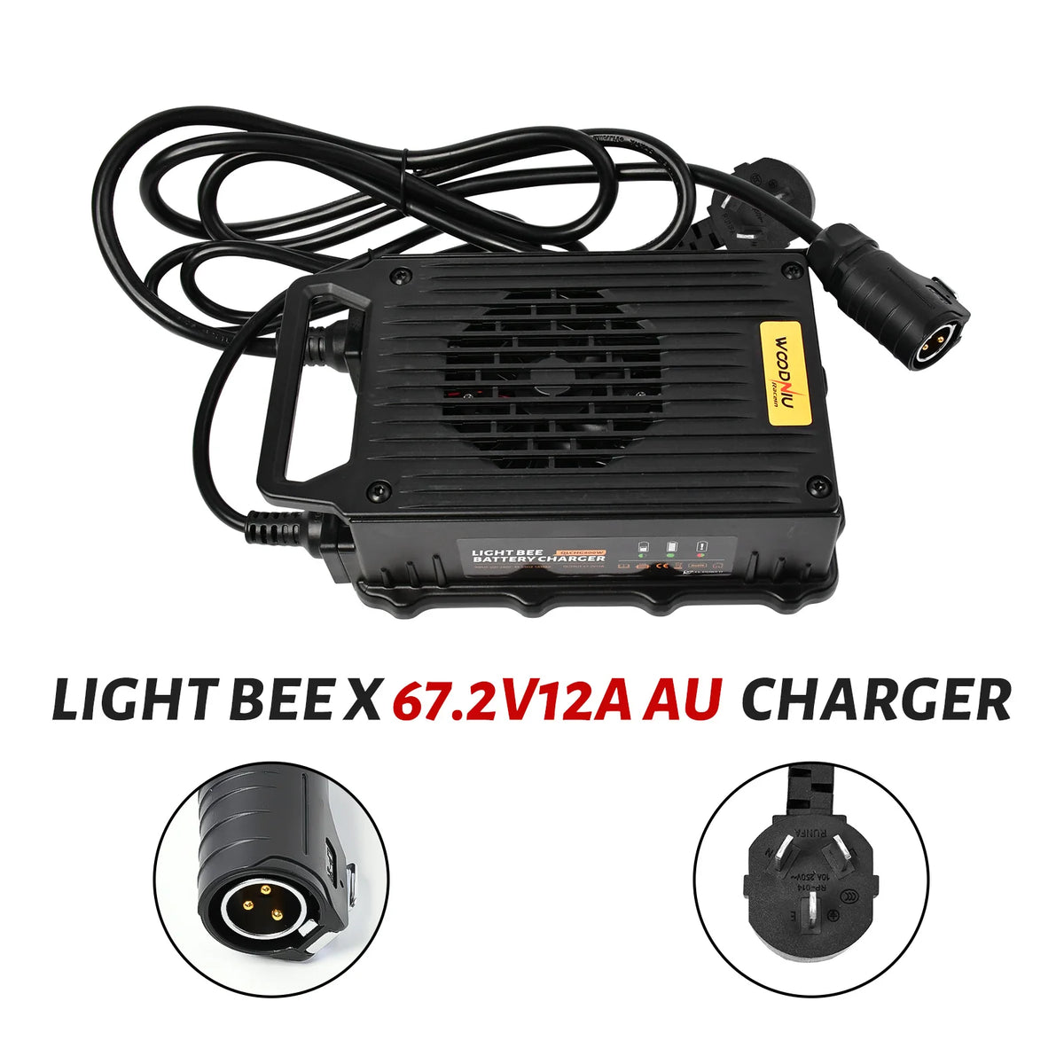 Black Light Bee X 67.2V 12A automotive charger with a cooling fan, coiled power cable, and circular inset images showing connector details, on a white background with text overlay.