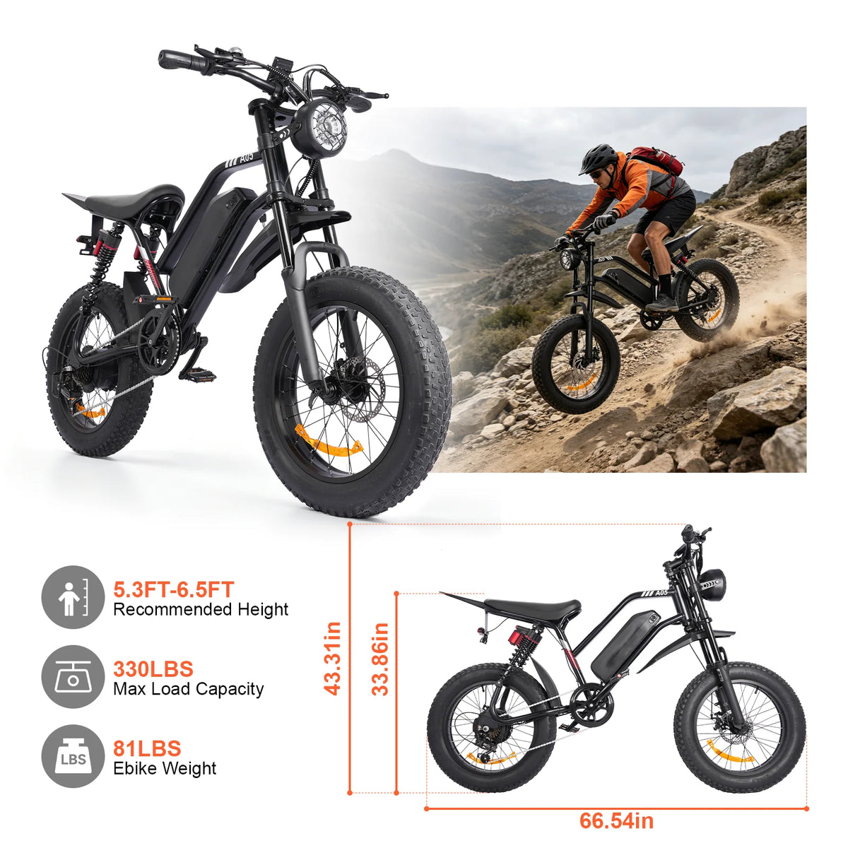 Black electric fat tire bike shown on a white background with an inset action photo of a rider on a rocky trail, plus size and weight specs on the left.