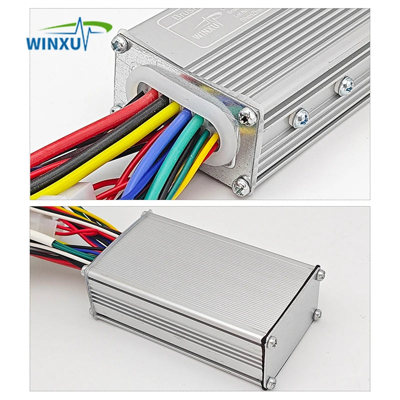 A silver aluminum electronic control box with multiple colored wires (red, yellow, blue, green, black, white) attached. The image is split into two panels: the top panel shows a close-up of the wire entry with the brand WINXU logo in the top-left corner, and the bottom panel shows a full side view of the box on a white background.