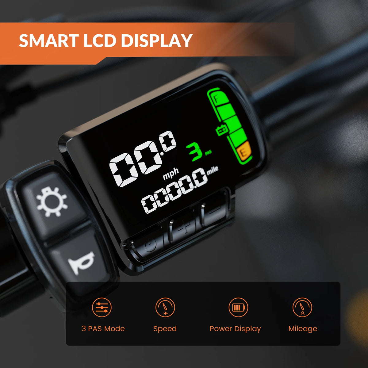 Smart LCD display on a vehicle dashboard with digital readings and control buttons.