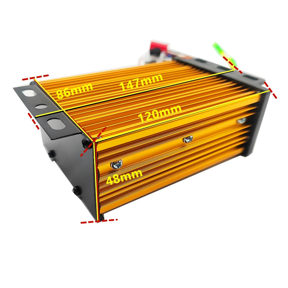 An orange and black finned electronic component shown on a white background with overlaid dimension labels (86mm, 147mm, 120mm, 48mm) and red dashed measurement guides.