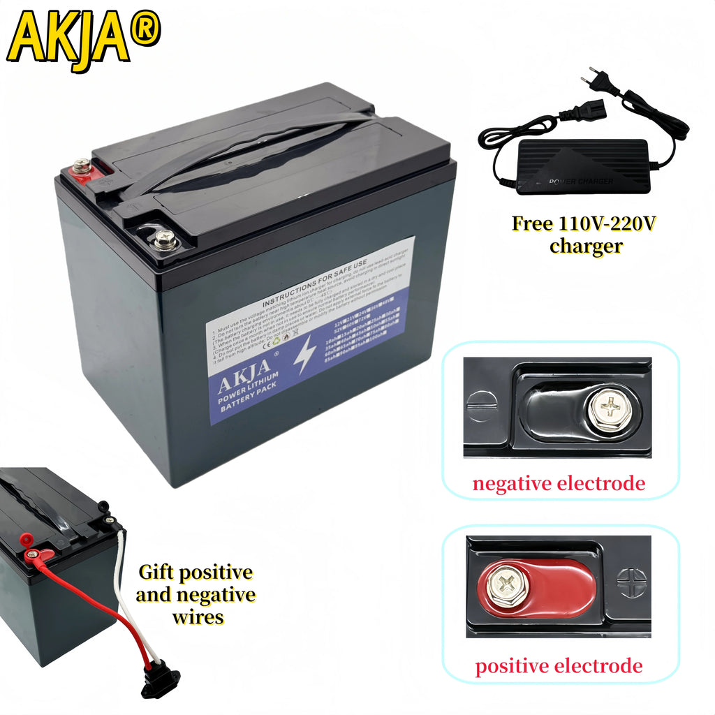 AKJA 12V 24AH lead acid battery shown with a free 110V-220V charger, red and black terminal wires, and close-up views of the negative and positive electrodes on a white background.